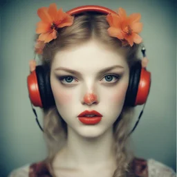 Grunge Polaroid head shot of doll faced lindsey wixson, orange pouty bee stung lips, red nose, hair adorned with tiny flowers, red cheeks and nose, headphone