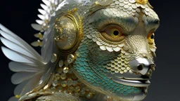 figure of a fish man with fish scale skin, art from Jasper Harvey's "art of control" collection, futuristic optics style, silver and gold, flower, bird, detailed facial features, swirling vortices, 8k 3d, bizarre cyborgs made of crystals, high detail, high resolution, 8K