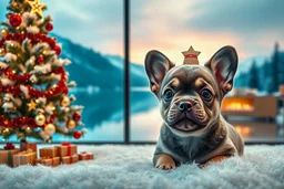 This awe-inspiring meticulously detailed, hyperrealist, vibrant, technical photography with sharp detail in the foreground. Captures the tranquility and beauty of large eyed small happy puppy rainbow-grey frenchton and Christmas tree with red and gold trimmings, beautiful star on top of tree, gifts underneath tree, toys underneath tree inside the lake modern, house