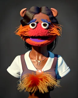 Portrait, hybrid character, waitress woman with monster muppet mask that covers her entire head, retro style, Sesame Street style, smooth, unreal engine 5, god lights, ray tracing, RTX, lumen lighting, ultra detail, volumetric lighting, 3d.