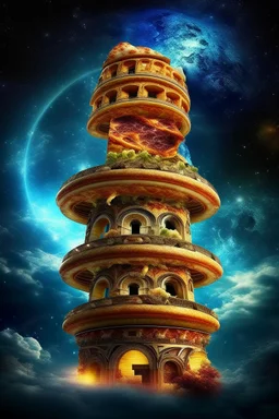 Pizza tower in Roma City buildings at night in Abstract Fluid, Galaxy nebula