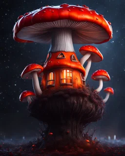 A solitary floating mushroom house on a clear night. silver and orange and red, Dark cosmic interstellar. Detailed Matte Painting, deep color, fantastical, intricate detail, splash screen, hyperdetailed, insane depth, concept art, 8k resolution, trending on Artstation, Unreal Engine 5, color depth, backlit, splash art, dramatic, High Quality Whimsical Fun Imaginative Bubbly, perfect composition