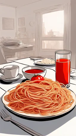 Anime-style table viewed from the top with a dish of spaghetti and a glass of tomato juice next to it, vibrant colors.