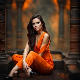 Beautiful 25 year old woman sitting wearing an orange jumpsuit. dark fantasy