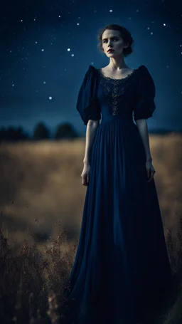 Under a starry dark blue sky woman in long nice vintage dress, dark deep colours, gothic, sharp focus, detalied, cinematic, atmospheric, weird, crepy stunning