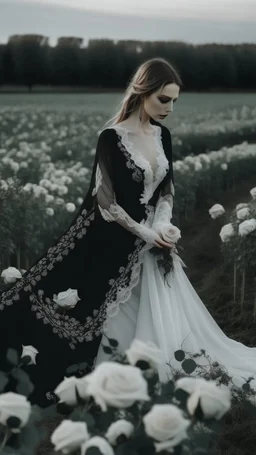 black lace scarf and dirty white wedding dress in a field of white roses.cinematic picture