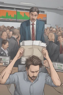 A stock market for ground image, highly realistic, a sudden drop or decrease of stocks, a guy in the background pulling out he's hair of frustration , realistic, 8k