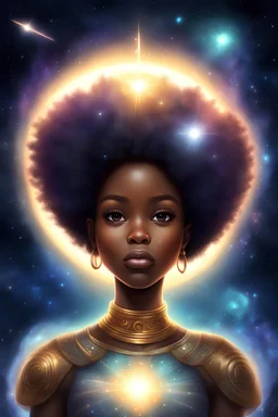 The Cosmic Afro Warrior (The Galaxy Glows From The Afro) She has a halo like an angel Glowing above her head, Storybook Illustration, Digital Painting,