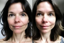 A selfie of a brunette woman, middle short hair, showing a 27-year-old European woman. She has white skin, tousled brown hair, face without makeup, big round dark brown eyes, cute profiled nose, detailed full lips, skin texture. Split screen and show the same face but 10 years older