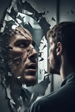 a man looking into a shattered mirror and seeing a horrifying, abstract monstrous reflection