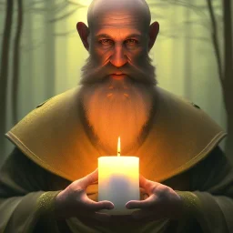 medium close up of robed monk with long beard in candle light, Dark fantasy concept art, dynamic lighting, Intricately detailed, Splash screen art, deep color, Unreal Engine, volumetric lighting, blue flowers, moss, leather, creek, flowing water, fantasy dark forest artwork,back light