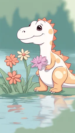 cute dinosaur colored with basic colors, full body, defined lines, no shadows, white background, clear and well, without shadows, this dinosaur is eating flowers in the border of lake