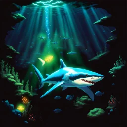 fantasy 90's tcg ELECTRIC CGLOWING UNDERWATER SHARK art