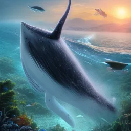 music gives birth to a whale in a world containing oceans full of peace, 8k, photorealistic