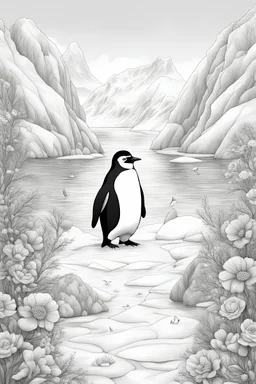 outline art with pencil sketch art for { A curious penguin waddling through a snowy Antarctic landscape, surrounded by playful seals and towering icebergs}with floral background pencil sketch style,full body only use outline with black and white outline and make a floral backgound with black and white background