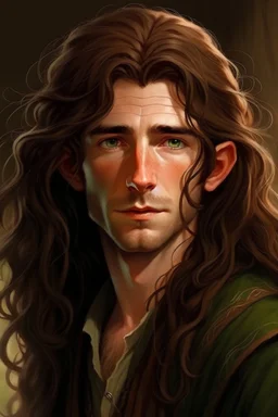 Hobbit, braune lange wilde Haare, große, dicker Nase, gepflegter kurzer Bart, kein Vollbart, grüne Augen, hübsch, sehr jung (etwa zwanzig Jahre) , Druide, gebräunte Haut