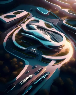 Cabaña futurista estilo Zaha Hadid gente parqueadero vista aérea 8k
