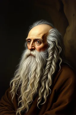 master oil painting by Rembrandt, realistic rendering Portrait of the Apkallu sage who were sent by the god Ea to teach civilization to humanity before the flood. They were depicted as half-human and half-fish or bird, and were associated with wisdom, magic, and culture. blurred pattern background