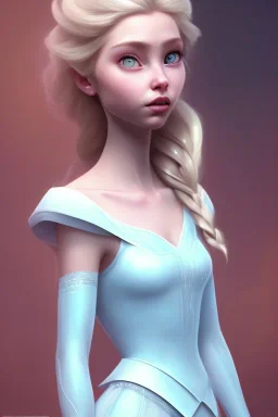 20 year old girl, cute, beautiful, blonde hair, Elsa hair, blue eyes, big eyes, pale skin, blue dress, ice dress, long eyelashes, pink lipstick, thin lips, small nose, 8k resolution concept art portrait by Greg Rutkowski