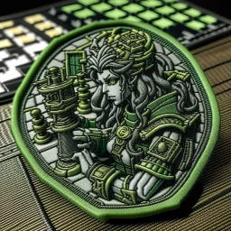 velcro patch of medusa in the style of cyber punk playing chess with a knight chess piece in her hand