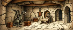 book illustration, realistic artist drawn fantasy map of 4x4 meter room, with a young dragon and an orc captain, and a chest under a table, the room is rough and cavelike, we also see mapping of the corridors around the room