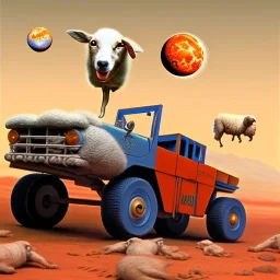 dog lifting a sheep with a forklift on the planet mars