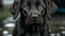 A wet black labrador puppy with big eyes and worried expression, sitting in heavy rain