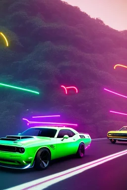 dodge challenger heckansicht fährt auf einem highway richtung horizont,miami vice, miami, neon ligths,chrome, synthwave, retro, high detailed,unreal engine, octane render, photo realistic, rick and morty style,