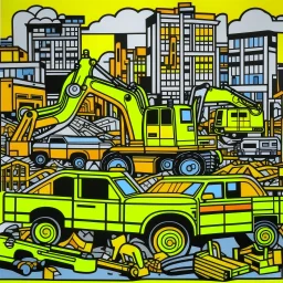 A light rosy orange colored junkyard with construction vehicles painted by Roy Lichtenstein