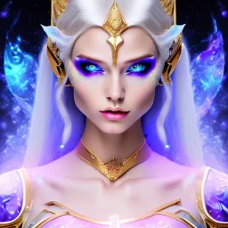 cosmic mage, elf, female, battle mage, epic, cosmic magic, long ears, white hair, face details, pale skin, jewellery, broad shoulders, glowing eyes, sharp ears, cosmic clothes, bright eyes, cosmic eyes, ears between hair, ears shown, light out of eyes