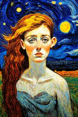 The kernel of truth twisted into a monstrous lie; has a backdrop similar to 'a starry night' with a foreground of a pastel female figure drawn in the style of Edvard Munch; Golden Ratio; Evokes the feelings of Ecstasy and Agony