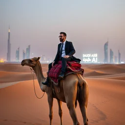 create Israeli Finance Minister Bezalel Smotrich riding a camel across golden sand dunes, futuristic Middle Eastern city skyline in the distance with sleek glass towers and neon lights, a sign reading Saudi Arabia of AI glowing behind him, cinematic lighting, ultra-realistic 8K UHD photography