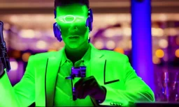 futuristic man in a green suit in a restaurant with purple lights, full of people, pointing a gun