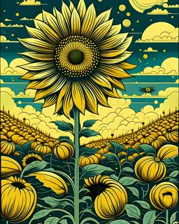 giant sunflower, with beautiful bees flying around, in shephard fairey style graphic, urrounded by golden leaves, sharp detailed graphic, garden background with blue sky and white clouds.