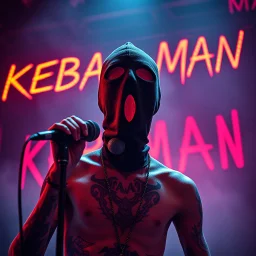 a very thin swedish man, with a skimask with only a hole for the mouth (no eyes), he is called "KEBAB MAN" performing at death metal club, his name is "KEBAB MAN" kebab rolls On stage, kebab Neon lights and smog, and "KEBAB MAN" big sign on the wall, kebab tribal tattooes, spinning kebab machines, flames and smoke, chaos, he singing with mic,