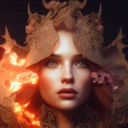 portrait of samantha prince set in fire, cinematic lighting, photorealistic, ornate, intricate, realistic, detailed, volumetric light and shadow, hyper HD, octane render, unreal engine insanely detailed and intricate, hypermaximalist, elegant, ornate, hyper-realistic, super detailed --v 4