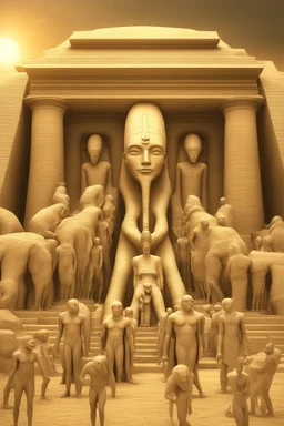 An extremely detailed photorealistic image depicting the ancient astronaut theory, featuring {alien beings interacting with ancient human civilizations, advanced technology amidst ancient structures}, set in {an ancient Egyptian temple, with hieroglyphs and monumental statues}. Hyper-realistic, inspired by the works of {Erich von Däniken, Giorgio A. Tsoukalos, David Hatcher Childress}. Shot with a high-resolution camera, using a {wide-angle lens}, under {natural sunlight}. Ultra-high-definition,