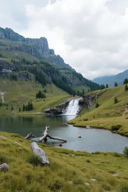 country side with a small lake and a pretty height fall that comes out of a nearby mountain rocks and falls to calm lake