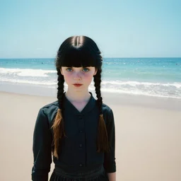 Wednesday addams on the beach, with bangs and braids, autochrome, liminal atmosphere