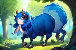 Girl have goat's horns, blue hair, clearing in forest, cabbage in hand , hoof foot ,