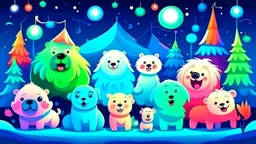 fantasy cartoon illustration: happy cute arctic animals looking Norther lights during Christmas party