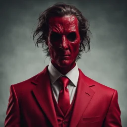 a sinister figure wearing a red suit with a red tie with no face and dirty hair