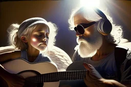 An angel handsome man with a very very!!! short, grey beard and moustache and a grey beret, with round black sunglasses and a shining halo plays guitar, in front of him a 7-year-old girl with blonde-brown hair is listening with her head propped on her elbow on a carpet, ethereal, heavenly, otherwordly, cinematic postprocessing, shading pastel and charcoal in sunshine, watercolor