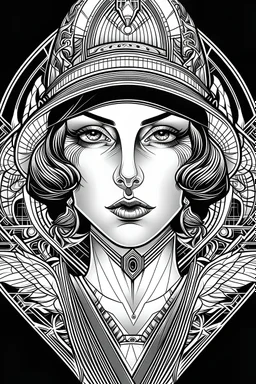 scary female portrait of a female gangster in line art style with tattoos in art deco with intricate details in 18k