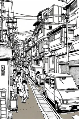 Poor neighborhood Tokyo, line arts, manga style