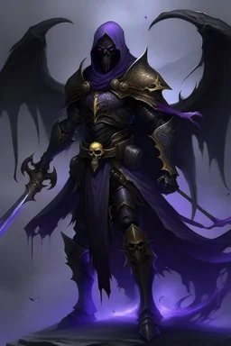 grim reaper knight hero with black wings and cool black plate armor trimmed in gold and purple with a flowing black cape