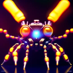 portrait painting of a steampunk robot spider, ultra realistic, intricate details, ultra highly detailed, shiny, smooth, studio quality, octane render, Surrealism, Triadic colour scheme,glow-stick, ambient lighting,nightclub lighting, polaroid, 100mm, --ar 1:1 --v4