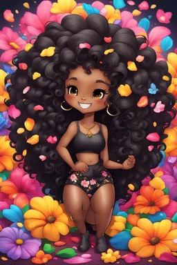 A sassy thick-lined airbrushed cartoon black chibi girl lounging lazily on her side, surrounded by colorful flower petals. She has a golden lion tail curling playfully behind her curvy body. Looking up coyly, she grins widely, showing teeth. Her poofy hair forms a mane framing her confident, regal expression.