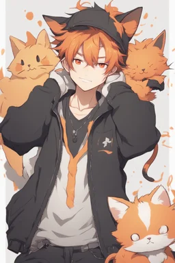 A young adult male anime realistic with one black cat ears, one orange cat ear, black and orange messy hair