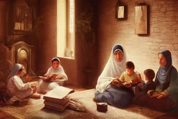 A close-up scene of an Arab mother reading the story from a book with her children around her in the room of the old wooden house near the fireplace 100 years ago.